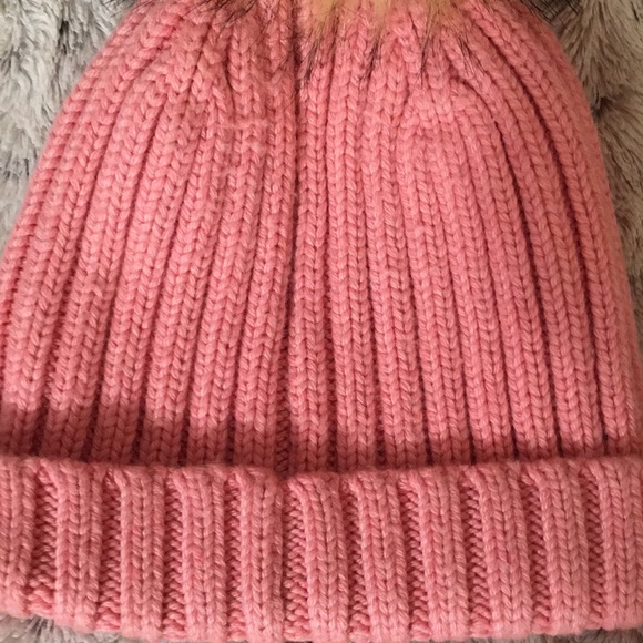J. Crew Pink and Cream Ribbed Knit Hat with Faux Fur Pom-Pom - Picture 6 of 11